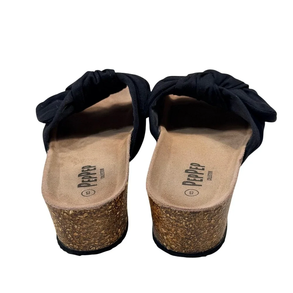 Pepper Collection Black Knot Cork Wedge Slide Sandals Womens 8 Boho Summer
